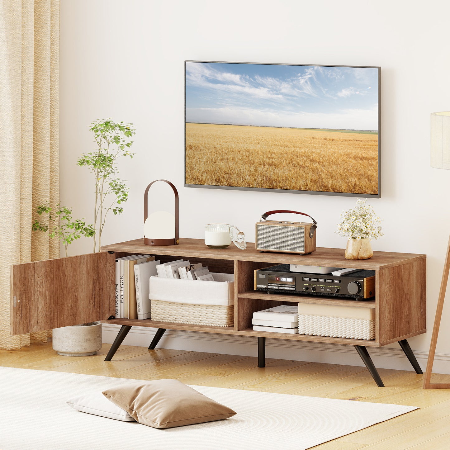 TV Stand for TVs up to 55 Inch Mid Century Modern Entertainment Center with Storage Cabinet, Oak Entertainment Centers & TV Stands at Gallery Canada