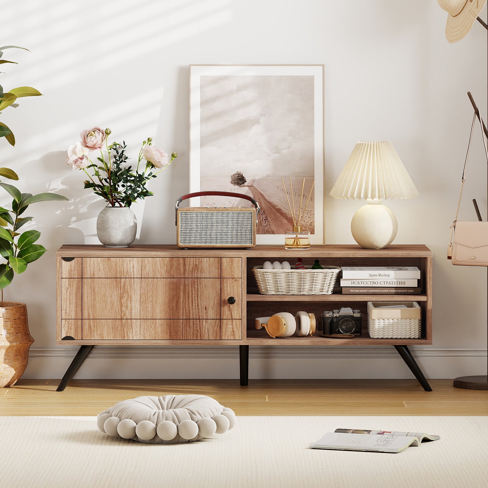 TV Stand for TVs up to 55 Inch Mid Century Modern Entertainment Center with Storage Cabinet, Oak Entertainment Centers & TV Stands at Gallery Canada