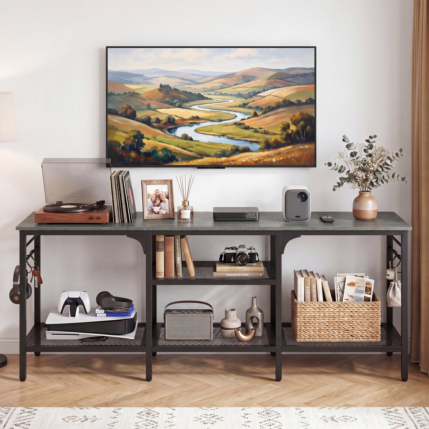 TV Stand for TVs up to 65 Inch with 3-Tier Open Shelves and 4 Hooks-Oak & Black, Oak Entertainment Centers & TV Stands at Gallery Canada