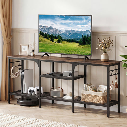 TV Stand for TVs up to 65 Inch with 3-Tier Open Shelves and 4 Hooks, Rustic Brown