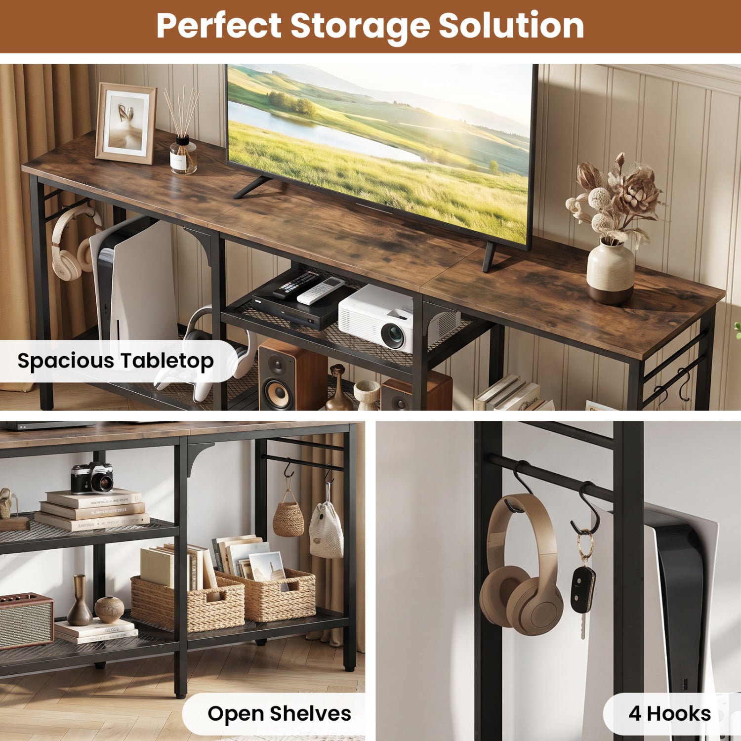 TV Stand for TVs up to 65 Inch with 3-Tier Open Shelves and 4 Hooks, Rustic Brown Entertainment Centers & TV Stands at Gallery Canada