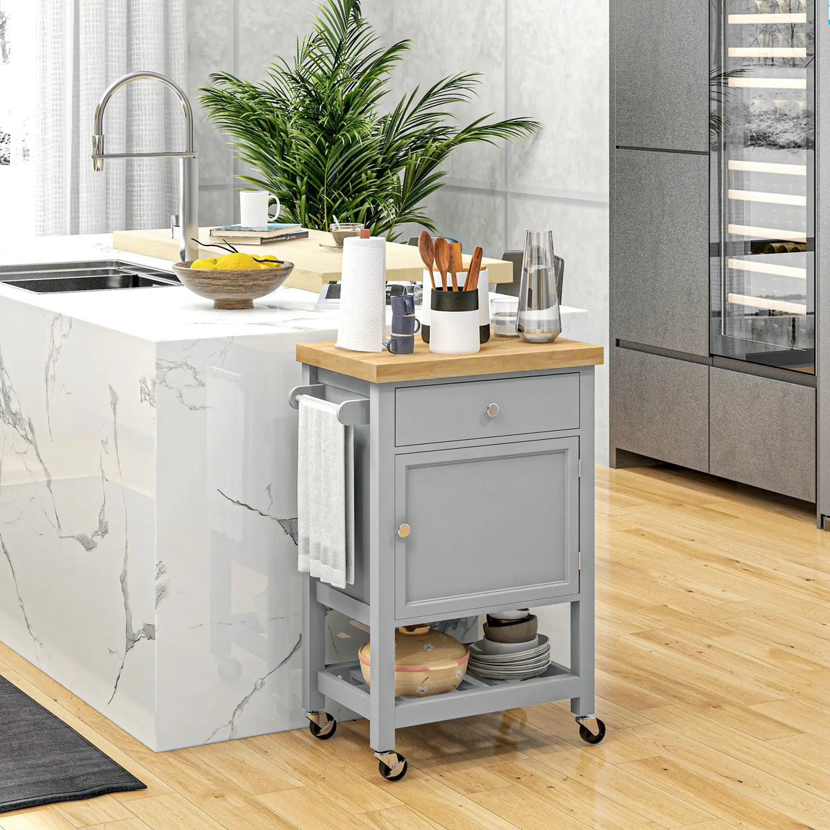 Kitchen Cart on Wheels, Wood Top, Towel Rack, Drawer, Shelf, Grey Kitchen Islands & Kitchen Carts at Gallery Canada