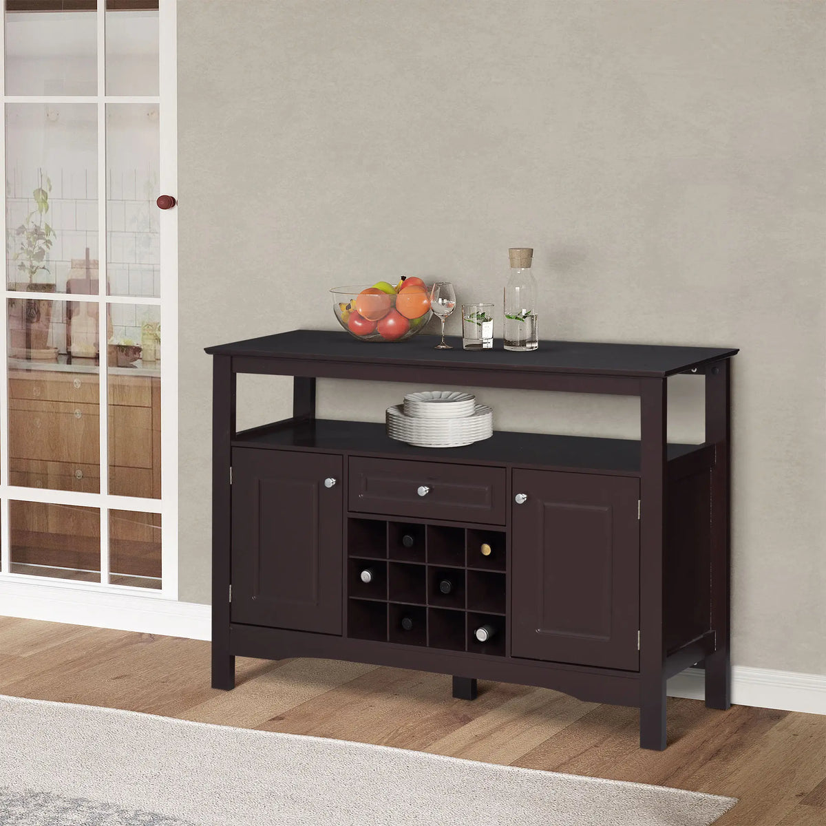 Modern Kitchen Buffet Cabinet, Drawer, 12-Bottle Wine Rack, Espresso Bar Cabinets at Gallery Canada