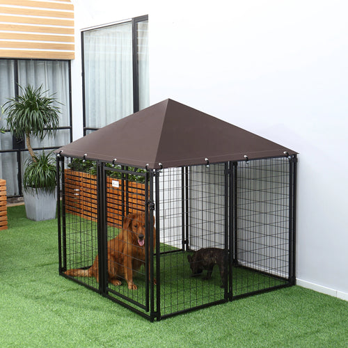 Outdoor Dog Kennel, Steel Fence, Lockable Playpen, UV-Resistant Canopy, 4.6ft x 4.6ft x 5ft, Black