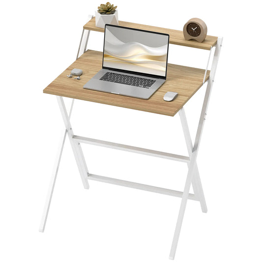 Folding Computer Desk, 27.6" Foldable Desk with Monitor Shelf, Natural Wood Writing Desks Multi Colour at Gallery Canada