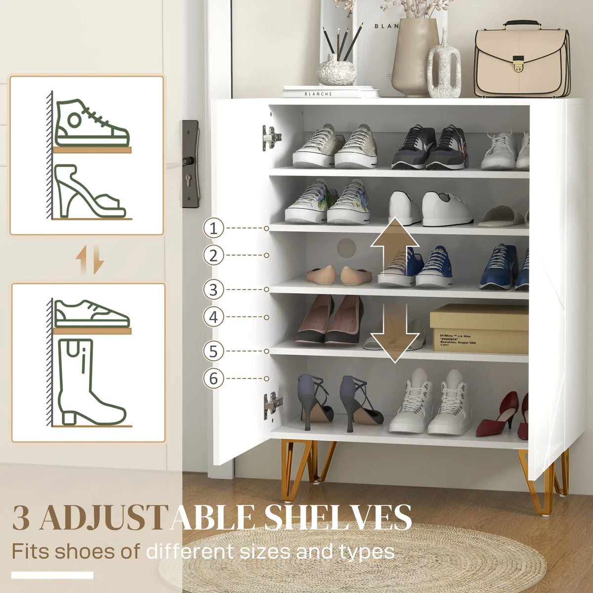 Narrow Shoe Storage Cabinet, Adjustable Shelves, 15-20 Pairs, High Gloss White Shoe Storage Cabinets & Racks at Gallery Canada