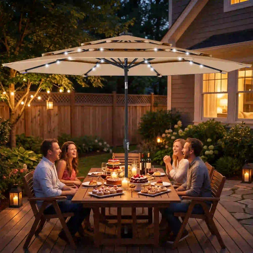 9.3 ft Patio Umbrella With Solar LED Lights, Cover, Tilt, Crank, Khaki