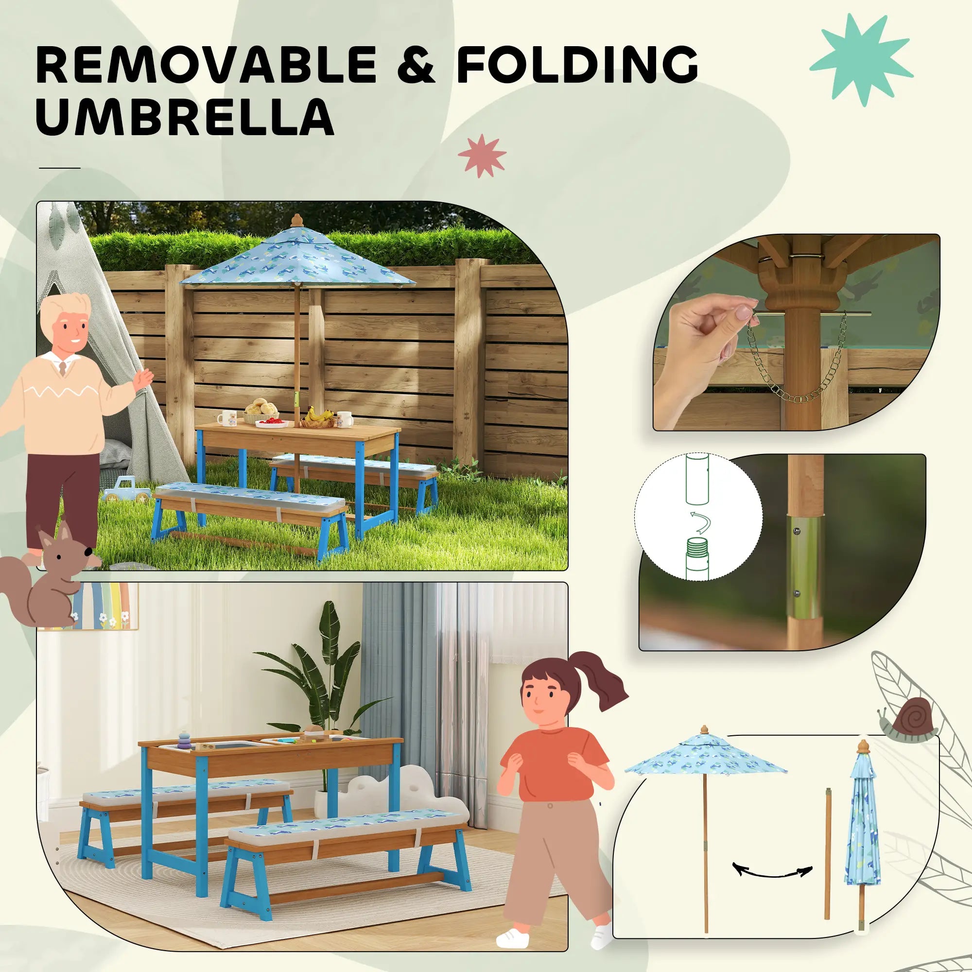 Kids Picnic Table Bench Set with Umbrella, Cushions, Boxes, Dinosaur Theme, Blue Kids Outdoor Furniture at Gallery Canada