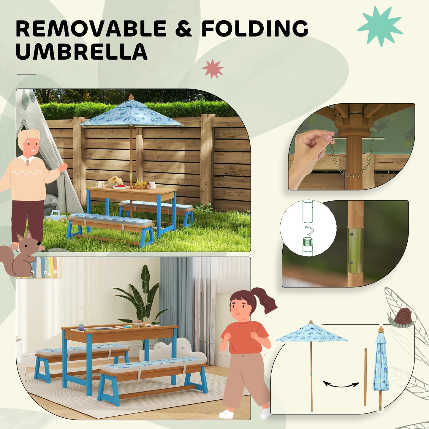 Kids Picnic Table Bench Set with Umbrella, Cushions, Boxes, Dinosaur Theme, Blue Kids Outdoor Furniture at Gallery Canada