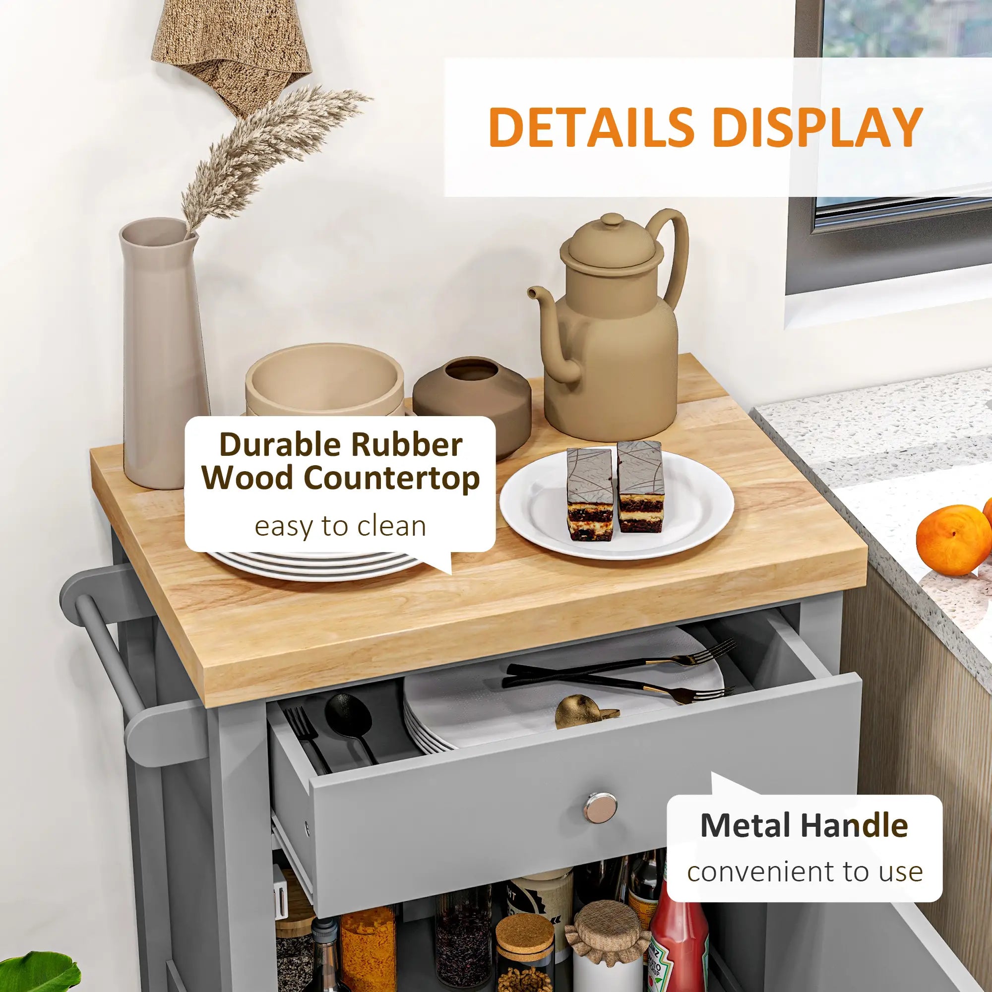 Kitchen Cart on Wheels, Wood Top, Towel Rack, Drawer, Shelf, Grey Kitchen Islands & Kitchen Carts at Gallery Canada