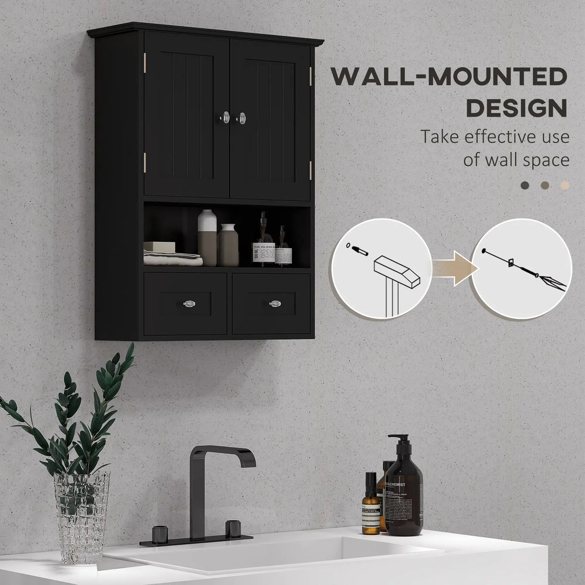 Medicine Cabinet, Bathroom Wall Cabinet with Shelf, Drawers, Black Wall Mounted Cabinets at Gallery Canada