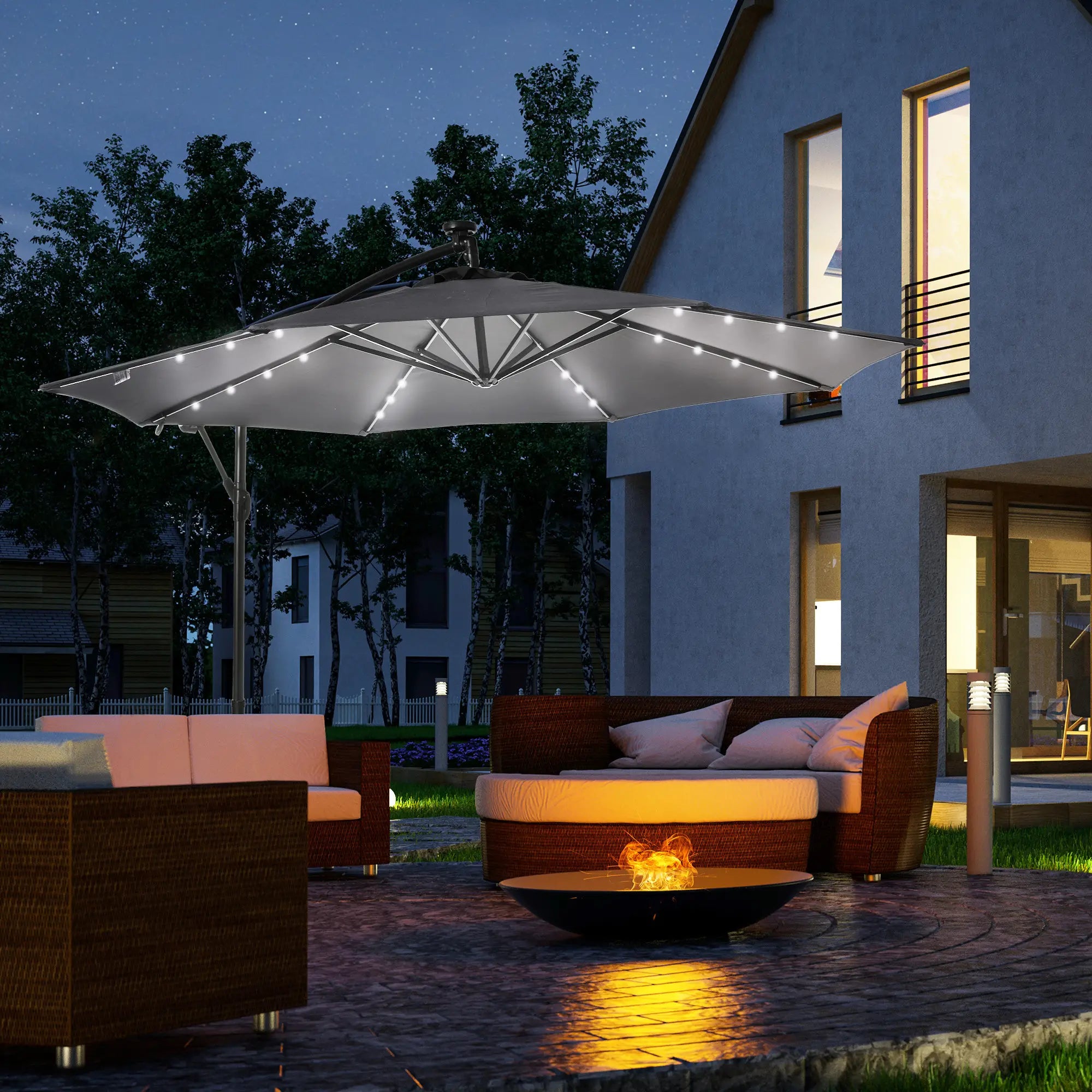 10ft Outdoor Cantilever Umbrella, Solar Lights, Adjustable Angle, Dark Gray Cantilever Umbrellas at Gallery Canada