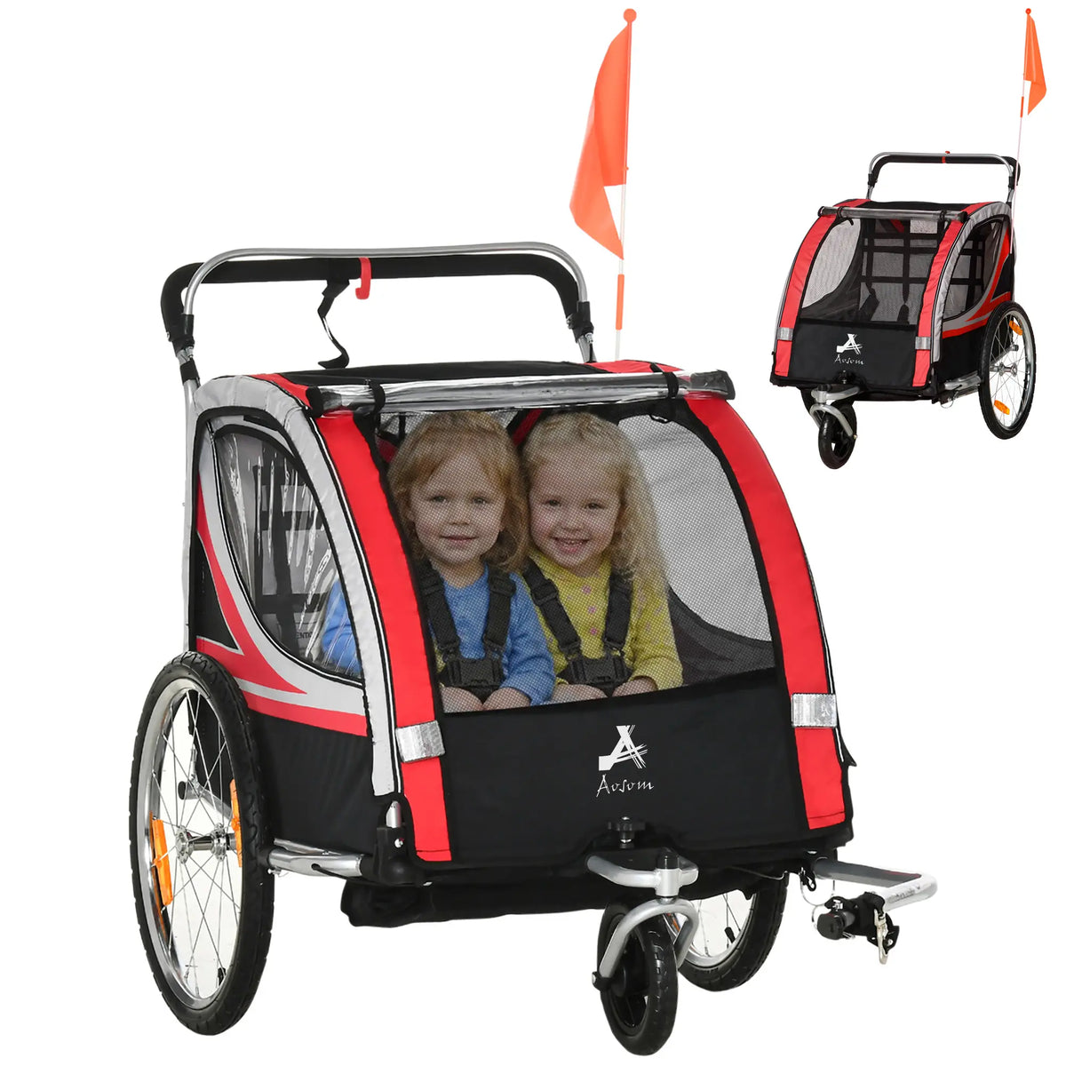 2 Seat Bike Trailer, Double Jogging Stroller, Handbrake, Red Kids Bike Trailers Red, Grey, Black, Silver at Gallery Canada