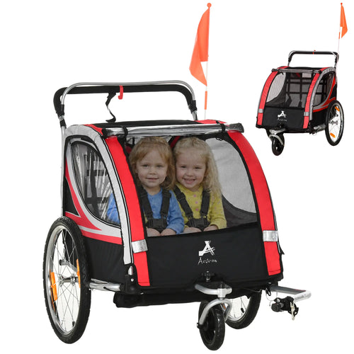 2 Seat Bike Trailer, Double Jogging Stroller, Handbrake, Red