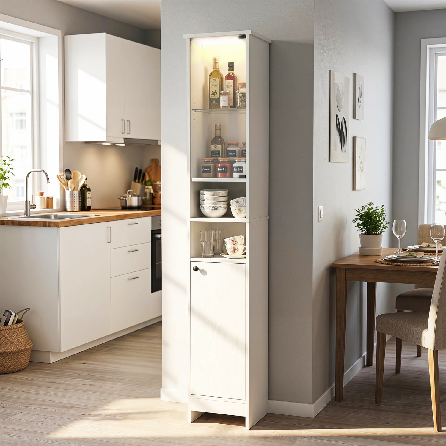 Tall Bathroom Cabinet with LED Lights, Adjustable Shelves, White Floor Cabinets at Gallery Canada