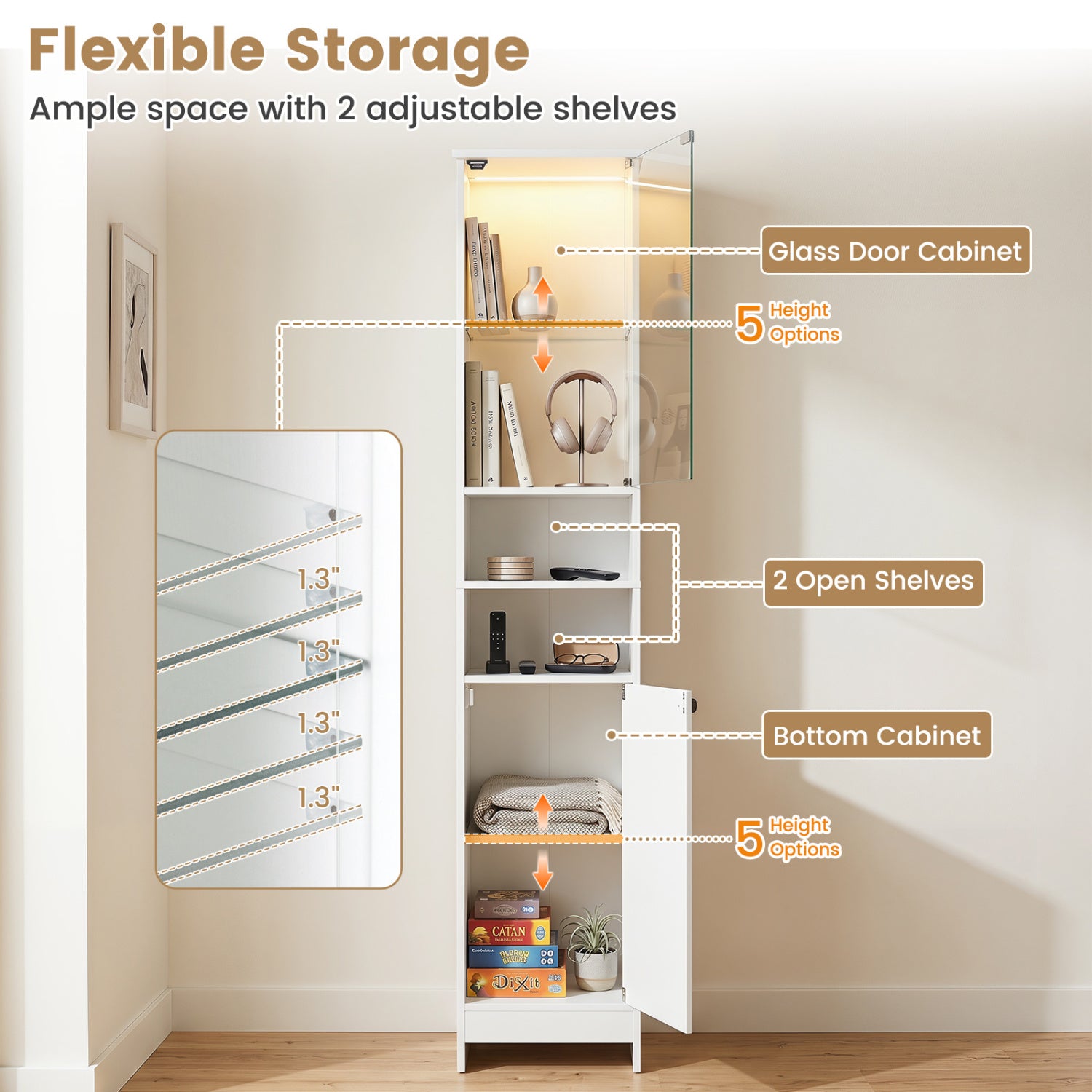 Tall Bathroom Cabinet with LED Lights, Adjustable Shelves, White Floor Cabinets at Gallery Canada