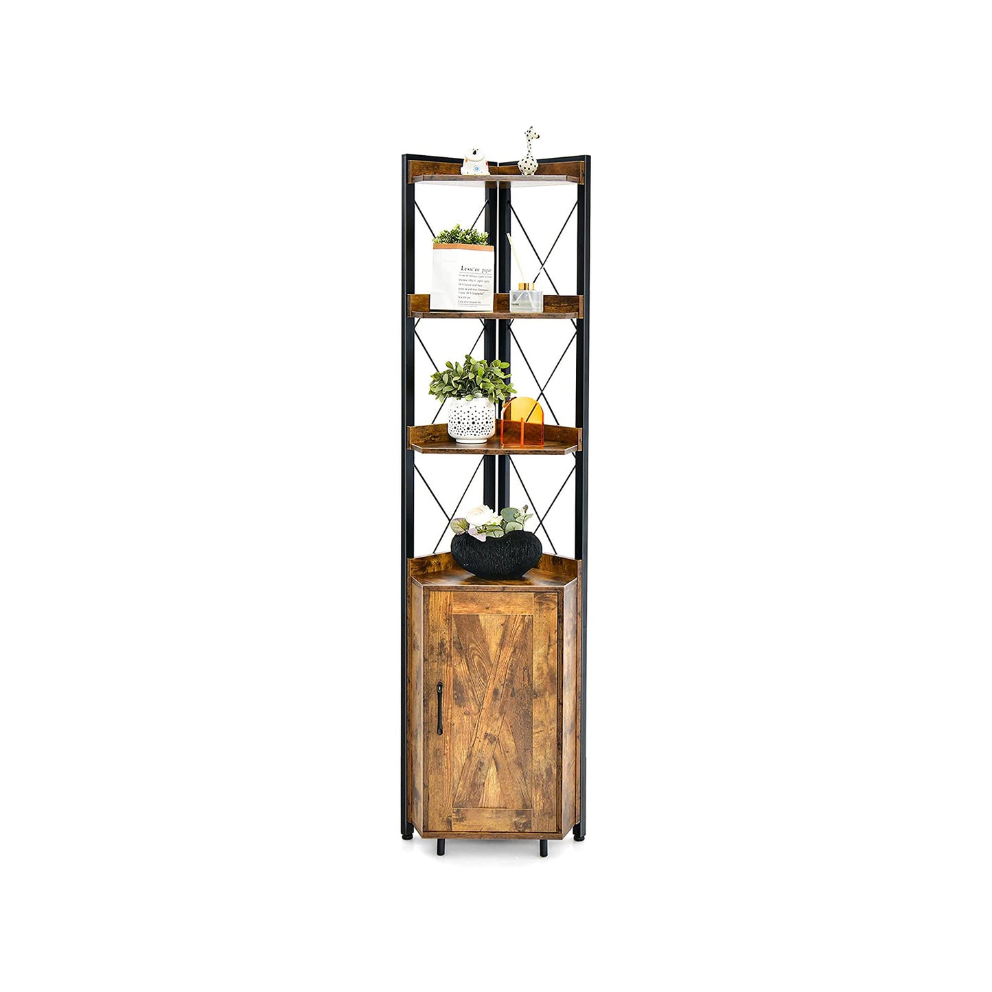 Tall Corner Storage Cabinet, 3-Tier Shelf, Rustic Brown Bookcases at Gallery Canada