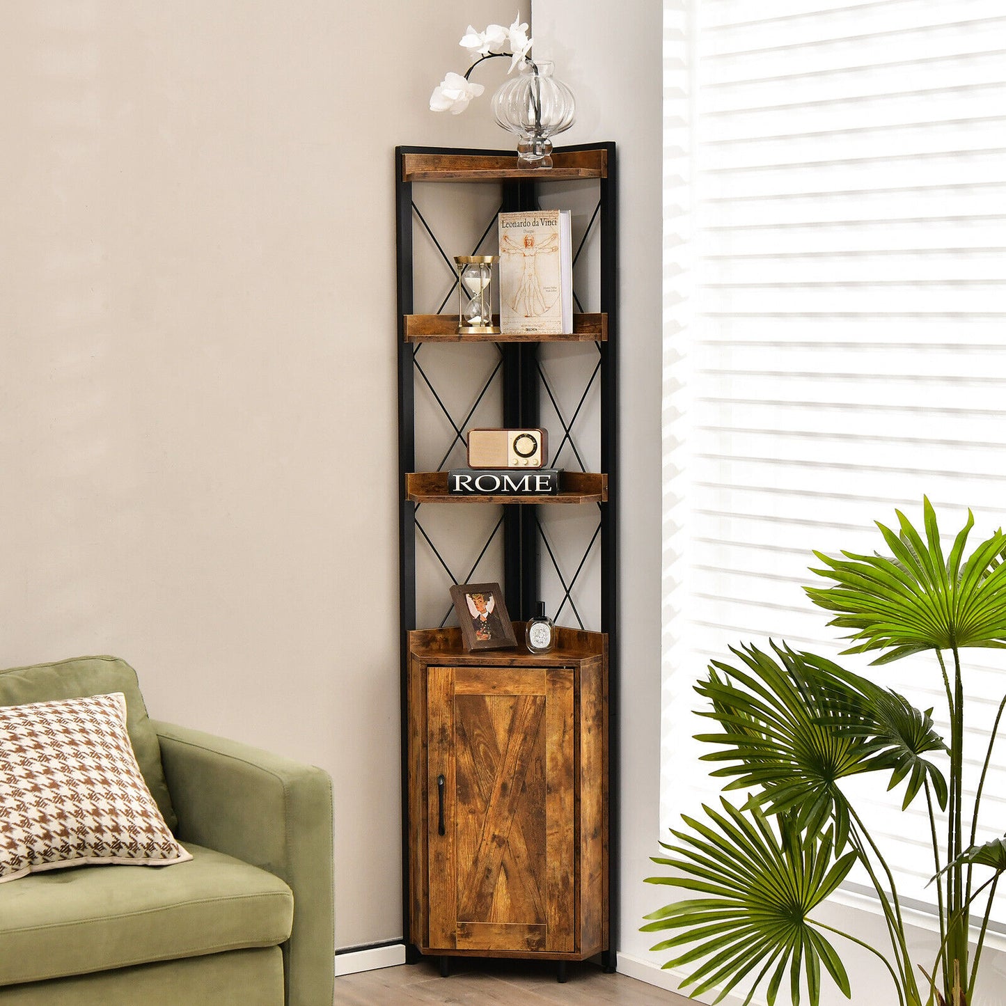 Tall Corner Storage Cabinet, 3-Tier Shelf, Rustic Brown Bookcases at Gallery Canada