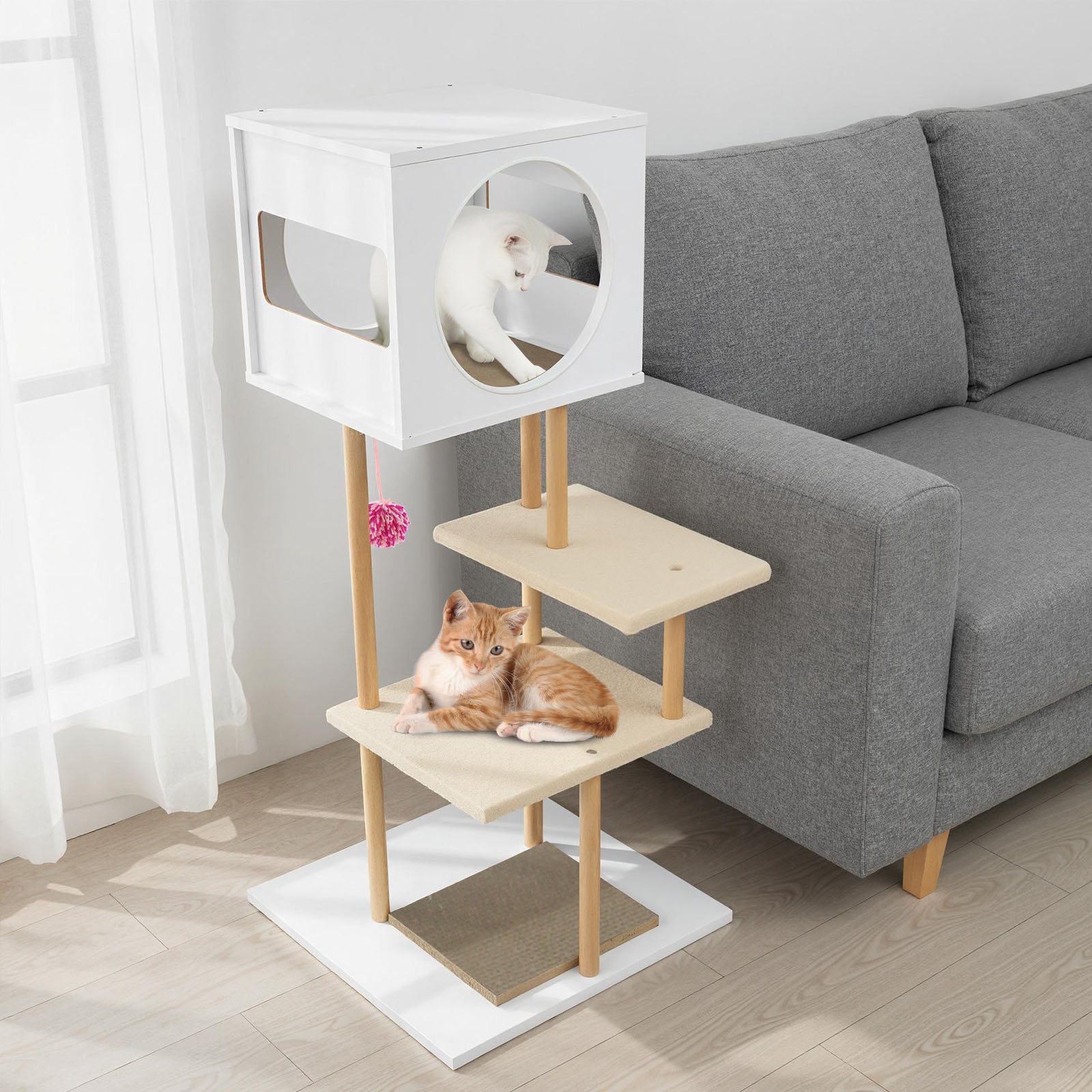 Tall Wood Cat Tower with 2 Corrugated Cardboard, White Cat Trees Condos & Scratchers at Gallery Canada