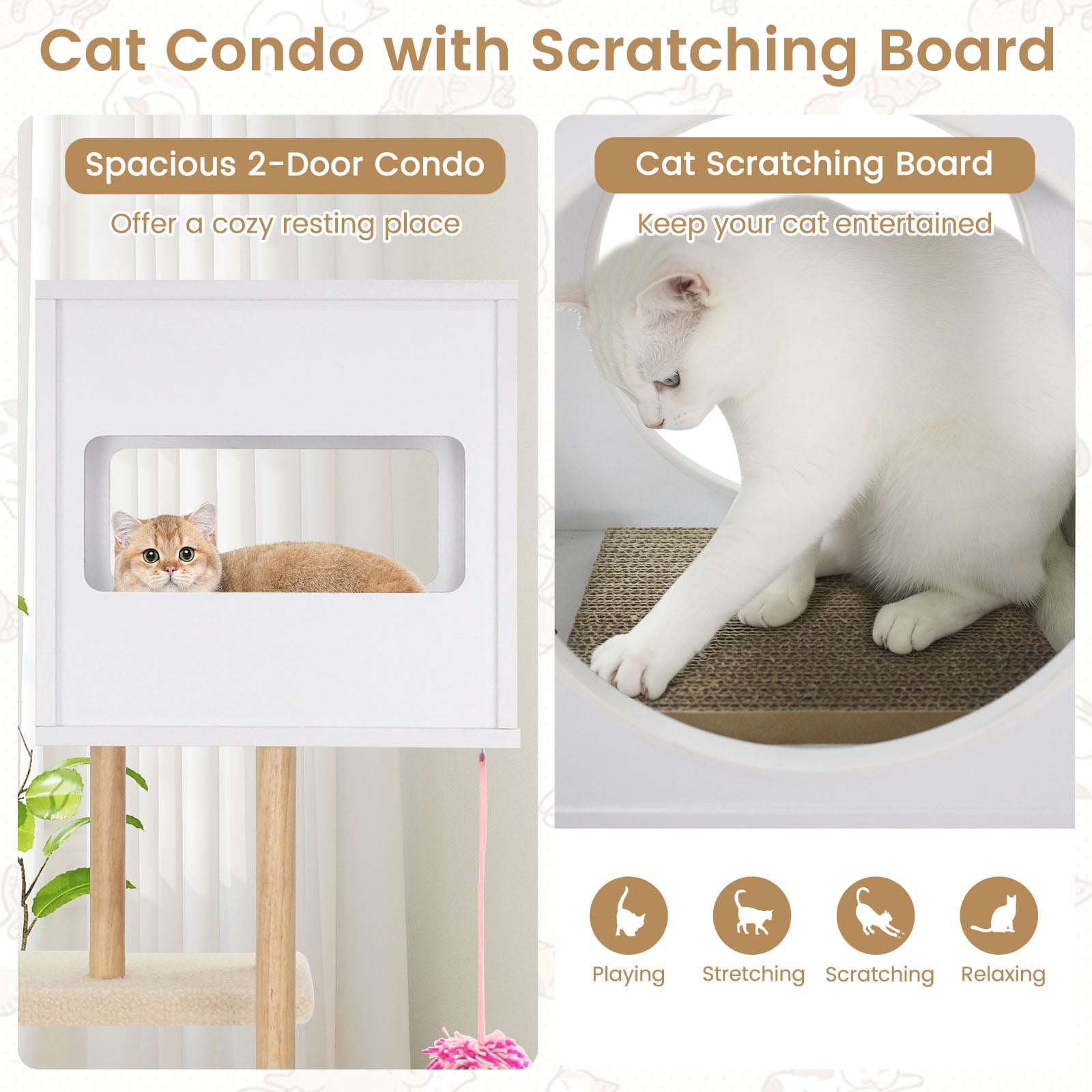 Tall Wood Cat Tower with 2 Corrugated Cardboard, White Cat Trees Condos & Scratchers at Gallery Canada