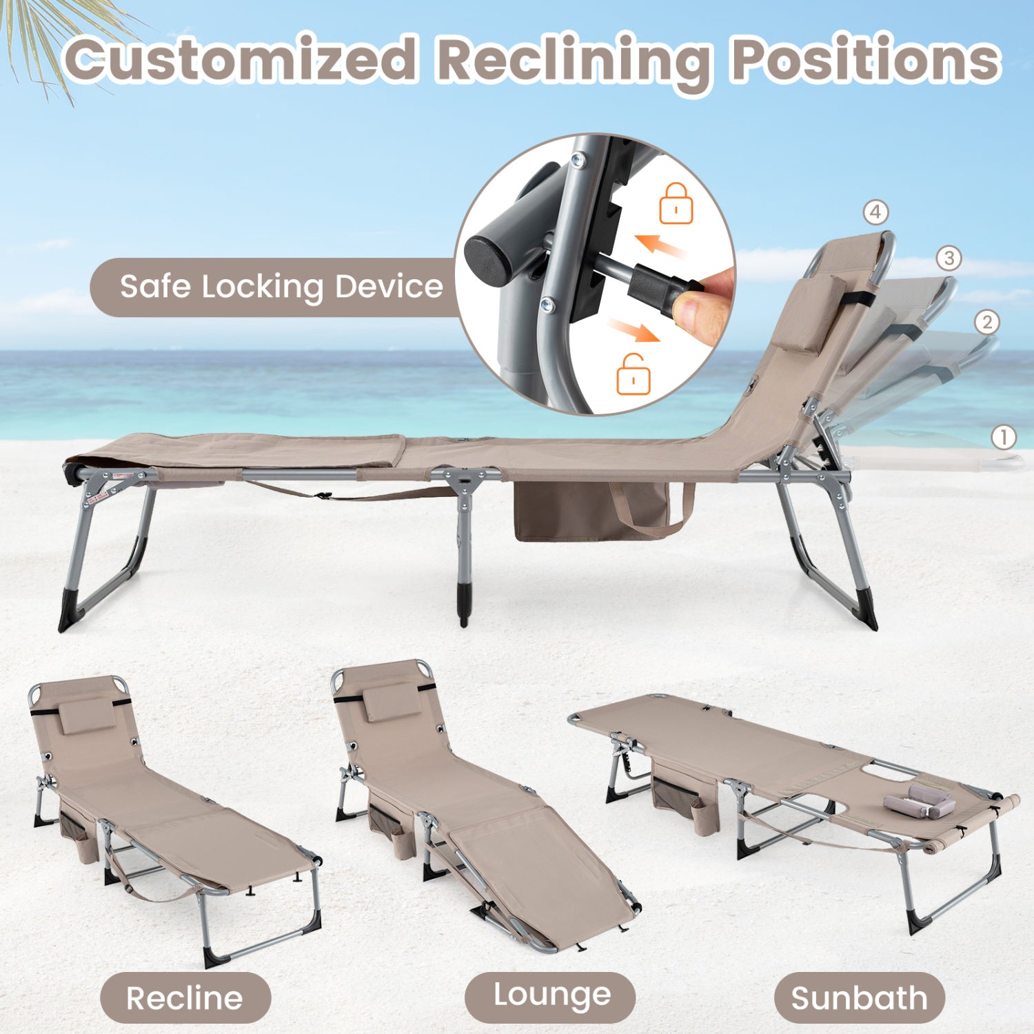 Portable Tanning Chair With Face Arm Holes, Beige Outdoor Chaise Lounges at Gallery Canada