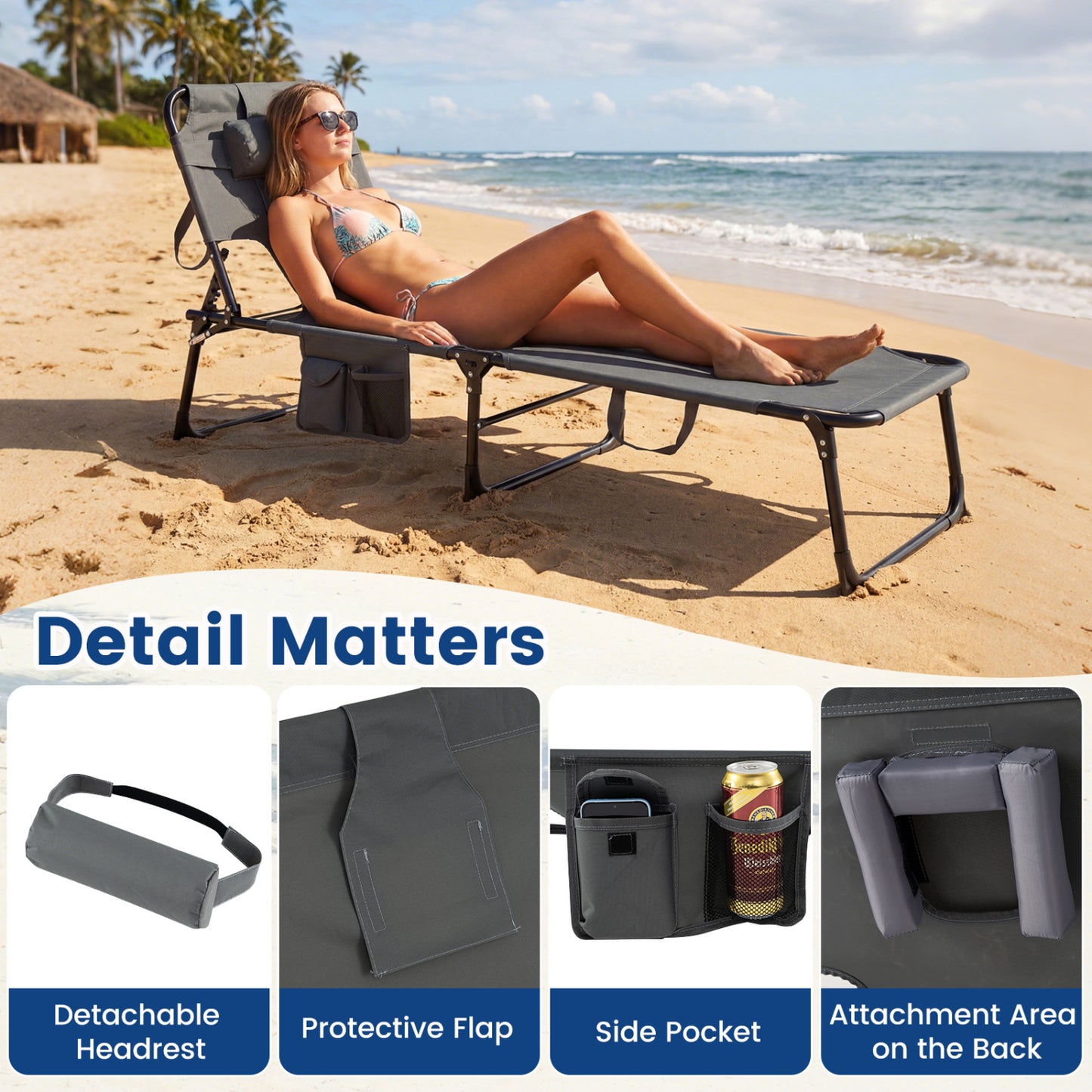 Folding Tanning Chair With Face Arm Holes, Gray Outdoor Chaise Lounges at Gallery Canada