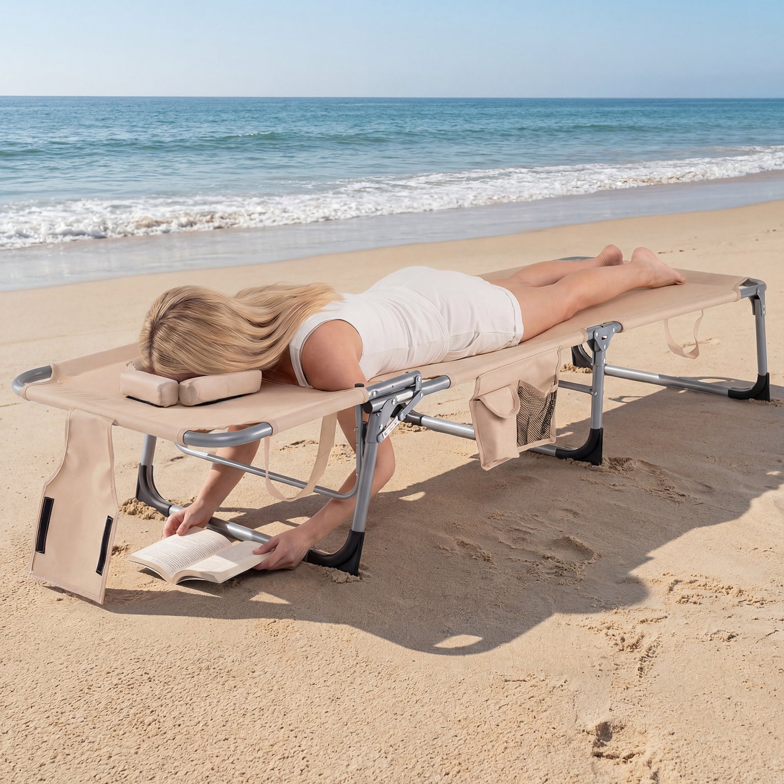 Folding Tanning Chair With Face Arm Holes, Beige Outdoor Chaise Lounges at Gallery Canada