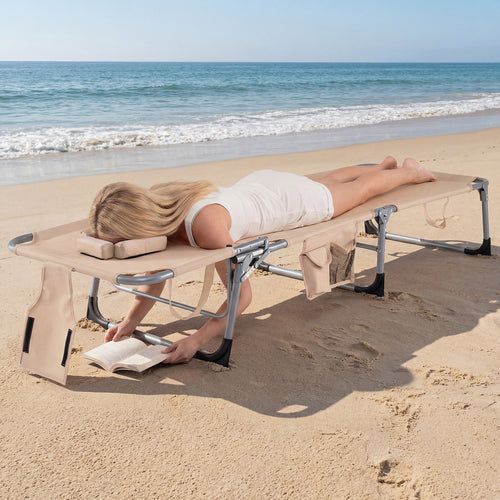 Folding Tanning Chair With Face Arm Holes, Beige