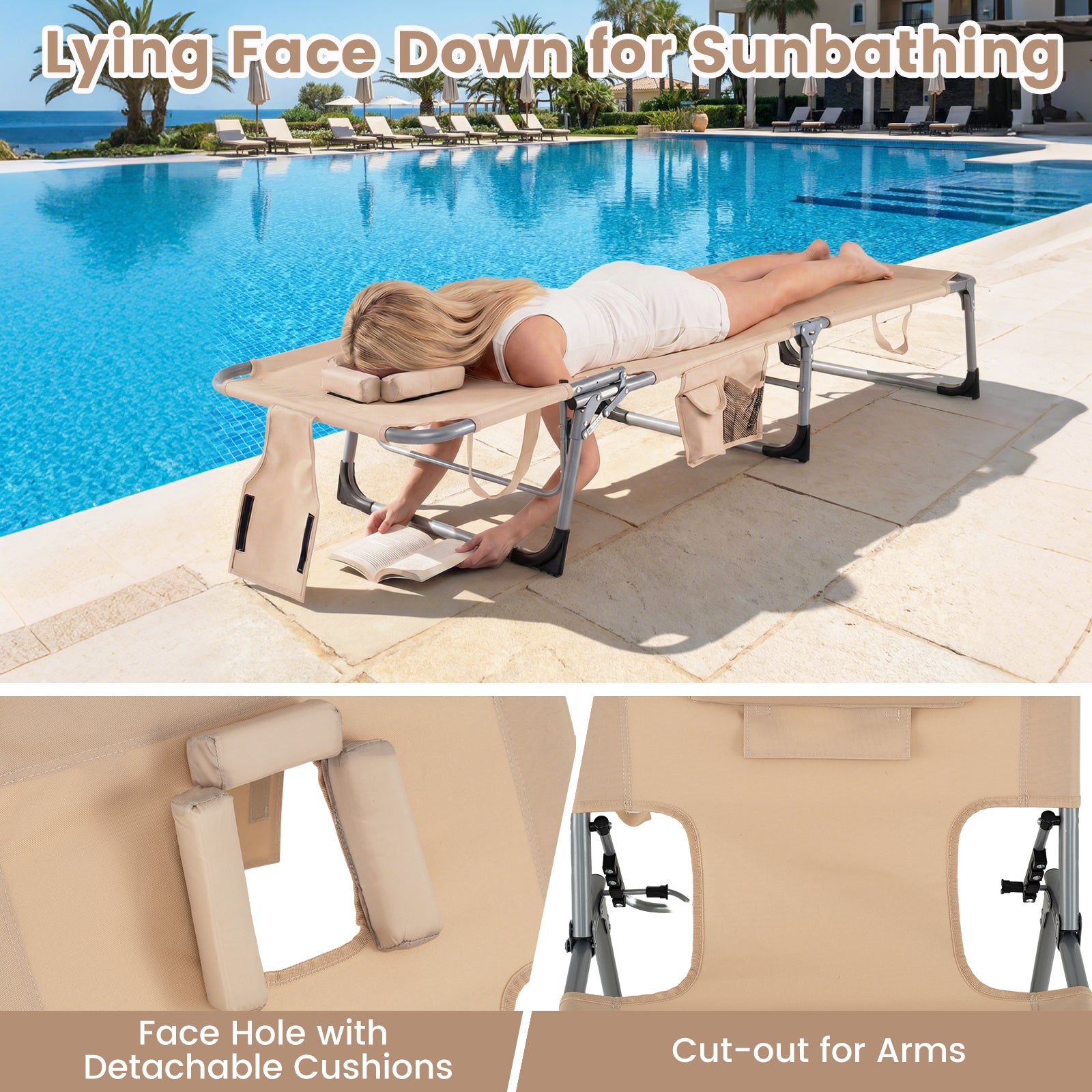 Folding Tanning Chair With Face Arm Holes, Beige Outdoor Chaise Lounges at Gallery Canada