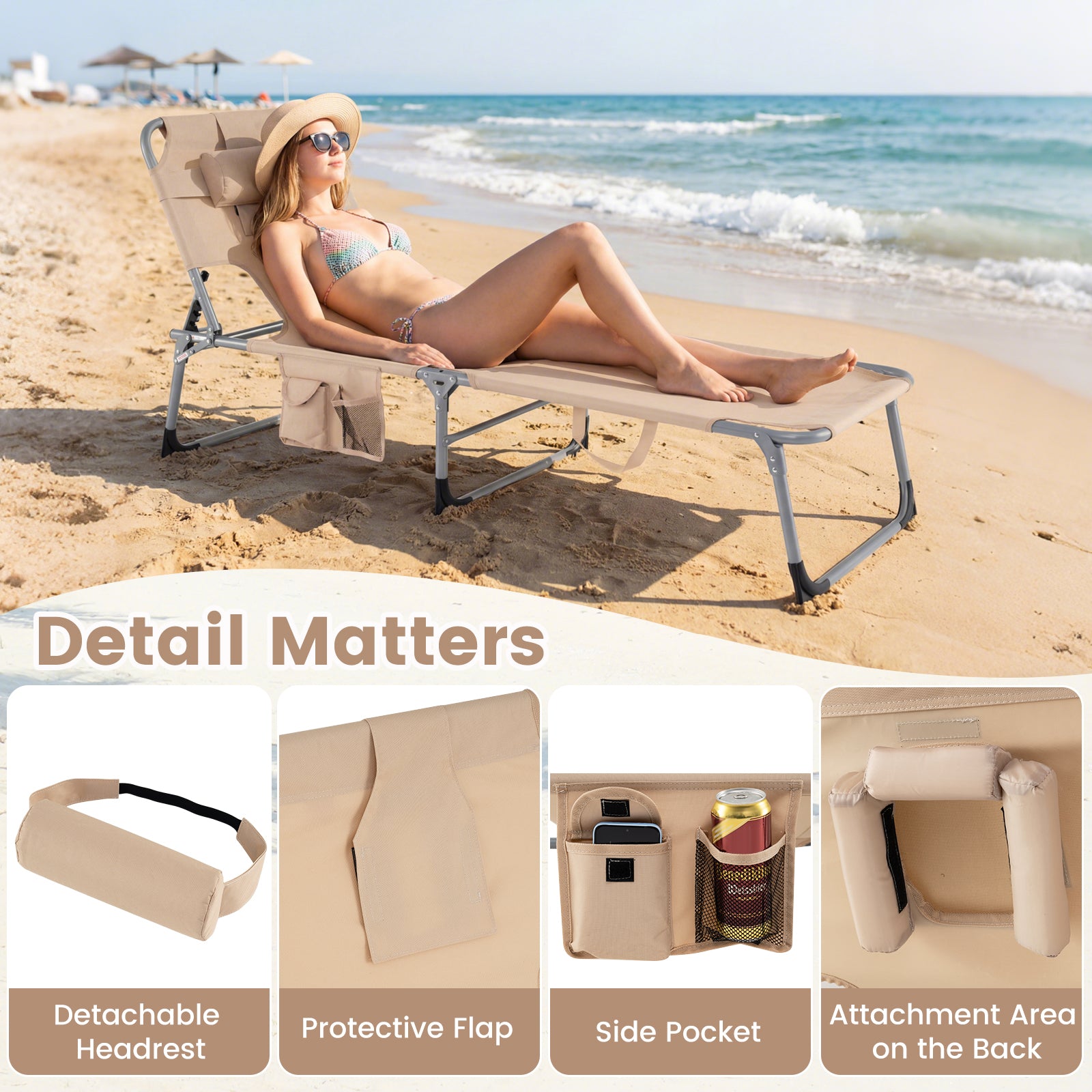 Folding Tanning Chair With Face Arm Holes, Beige Outdoor Chaise Lounges at Gallery Canada