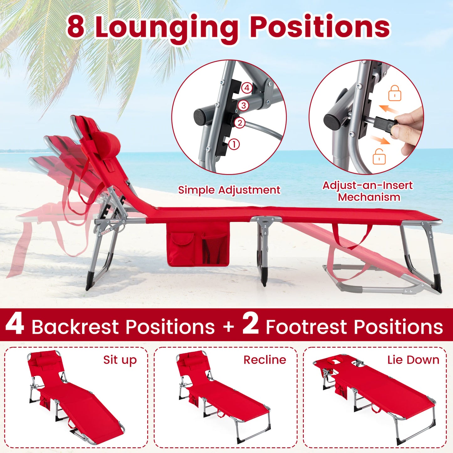 Folding Tanning Chair With Face Arm Holes, Red Outdoor Chaise Lounges at Gallery Canada