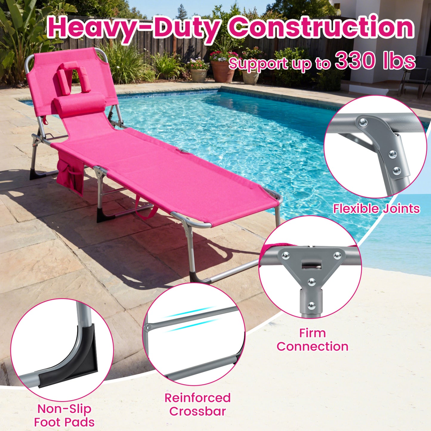 Folding Tanning Chair With Face Arm Holes, Pink Outdoor Chaise Lounges at Gallery Canada