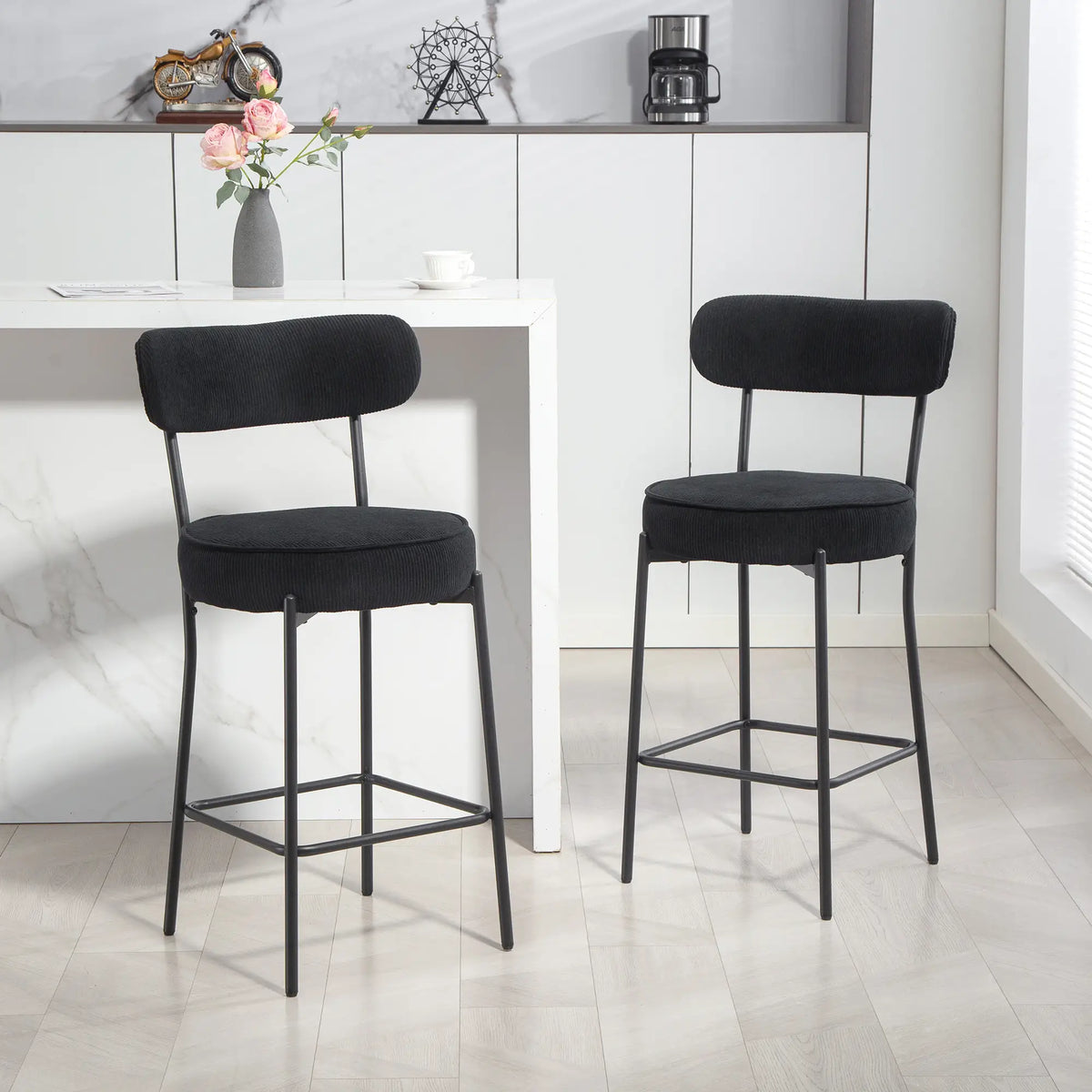 Set of 2 Barstools, Upholstered Corduroy, Backrest, Footrest, Black Bar Stools at Gallery Canada
