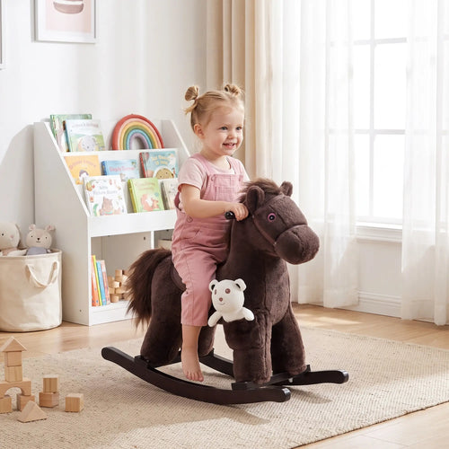 Kids Plush Ride-On Rocking Horse, Bear Toy, Realistic Sounds, Brown