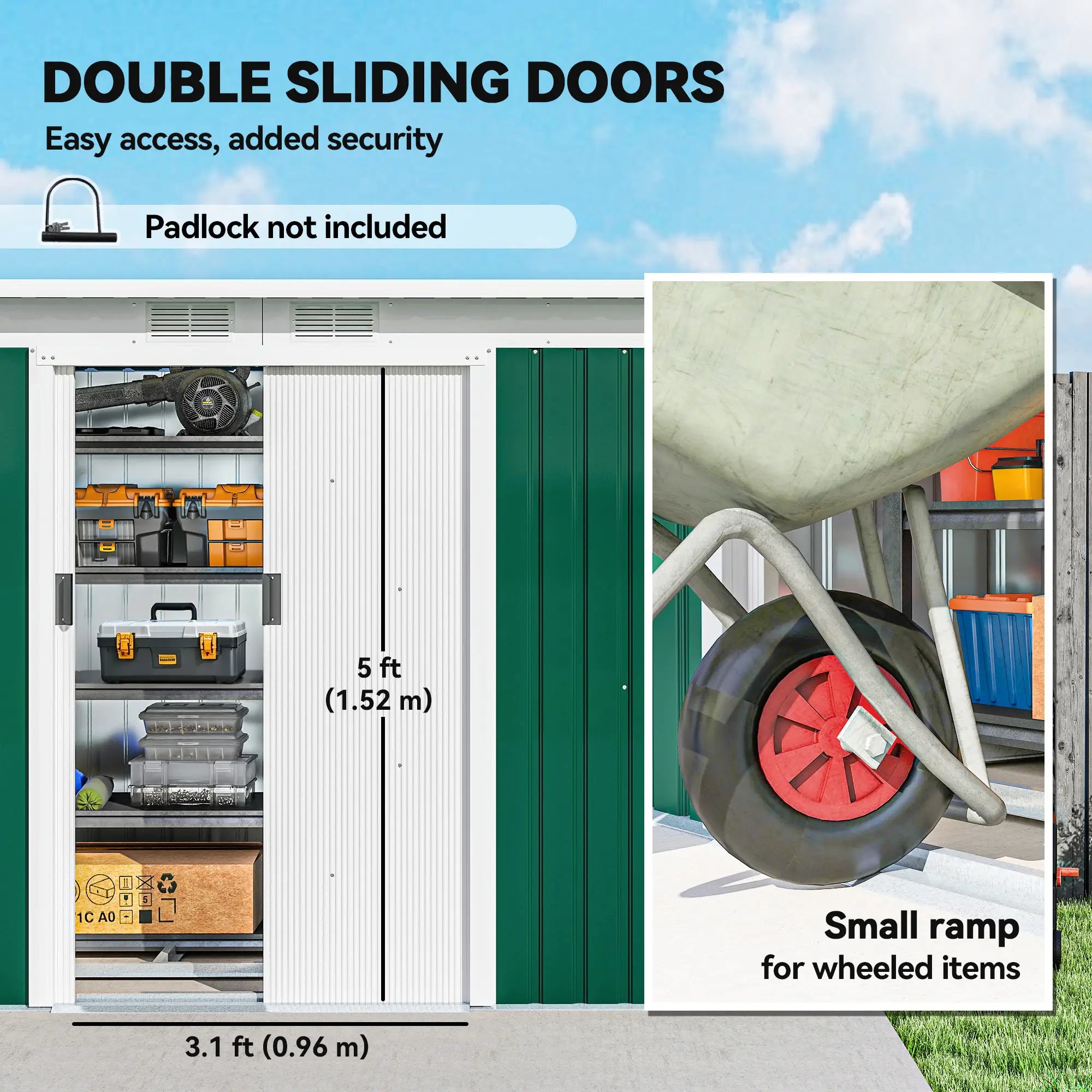 9' x 4' Metal Garden Shed, Ventilation, Doors, Dark Green Sheds at Gallery Canada