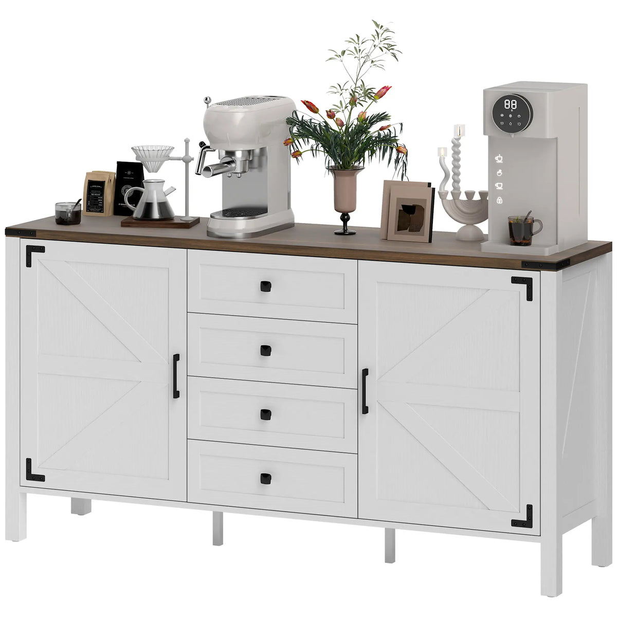 59" Buffet Cabinet, Farmhouse Sideboard, 2 Barn Doors, 4 Drawers, White Storage Cabinets Distressed White at Gallery Canada