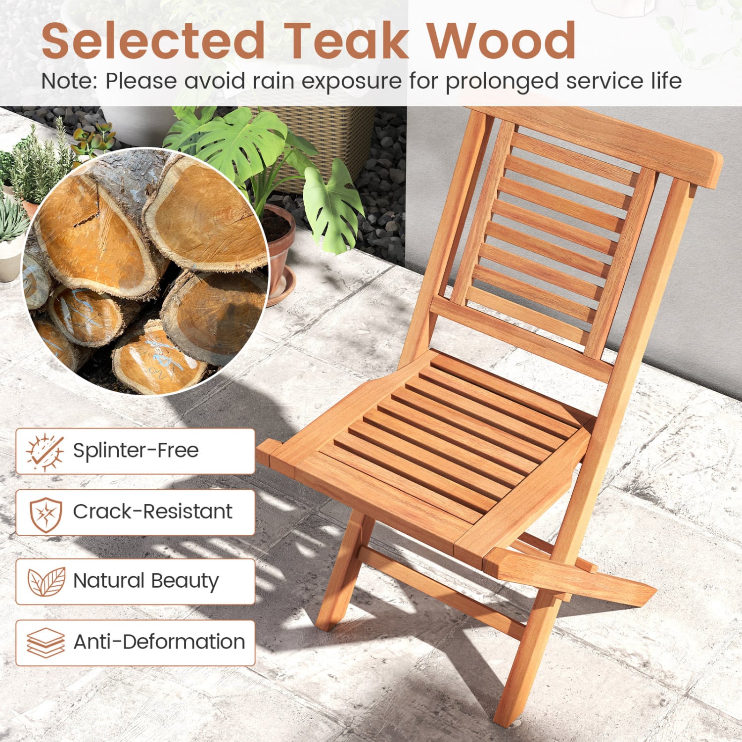 Teak Folding Patio Chairs Set of 2, High Backrest Patio Dining Chairs at Gallery Canada