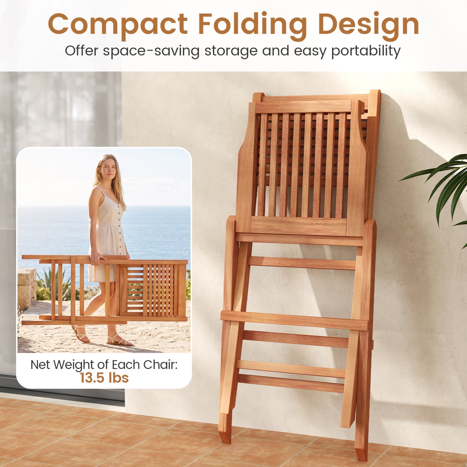 Teak Folding Patio Chairs Set of 2, Slatted Seat Patio Dining Chairs at Gallery Canada