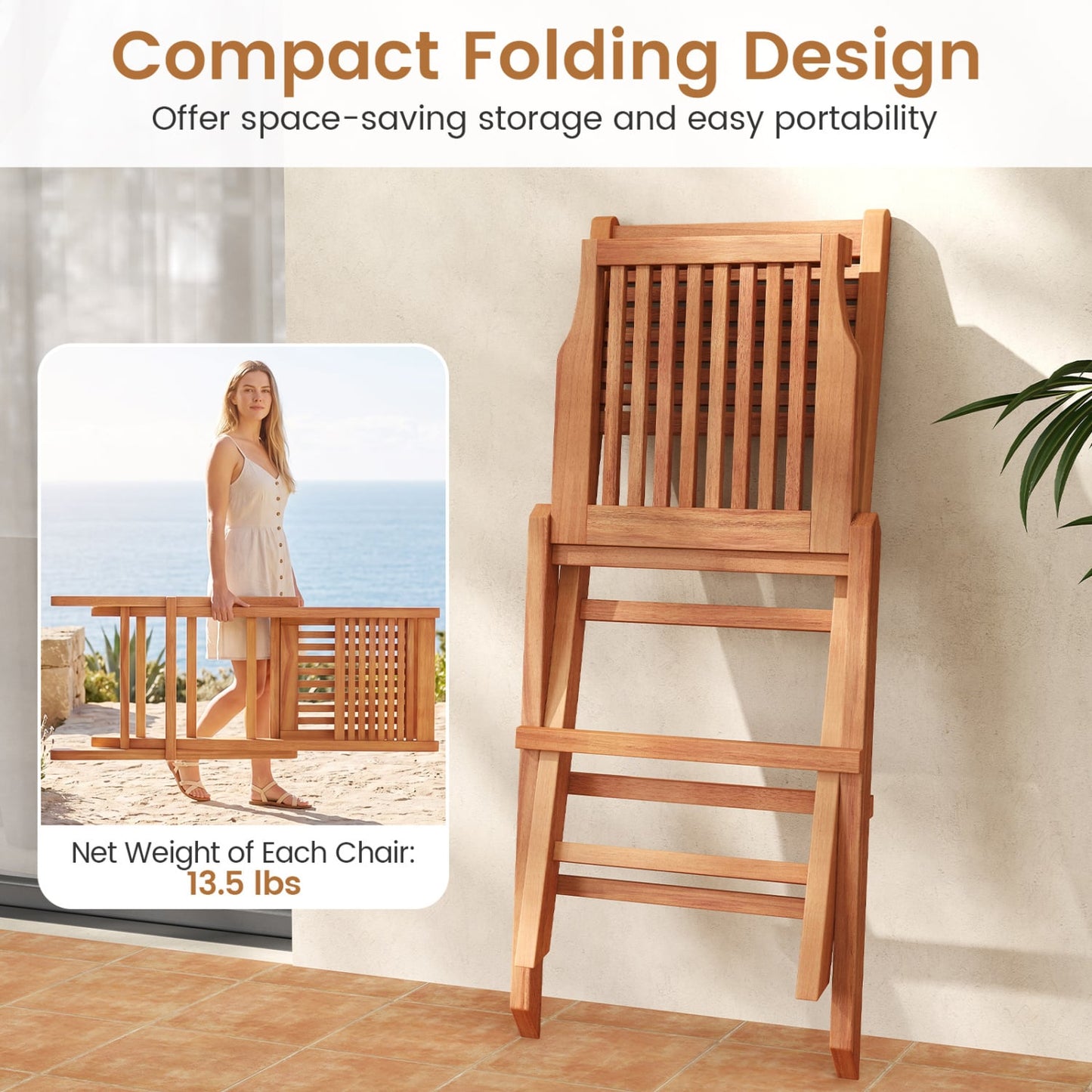 Teak Folding Patio Chairs Set of 2, Slatted Seat Patio Dining Chairs at Gallery Canada