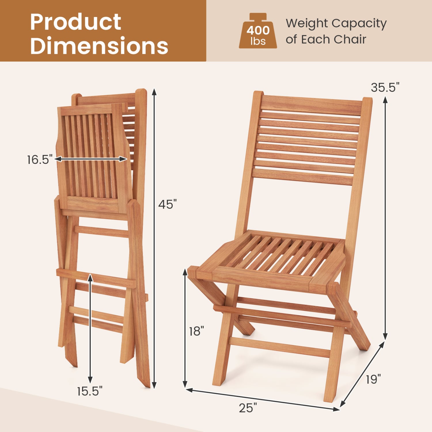 Teak Folding Patio Chairs Set of 2, Slatted Seat Patio Dining Chairs at Gallery Canada