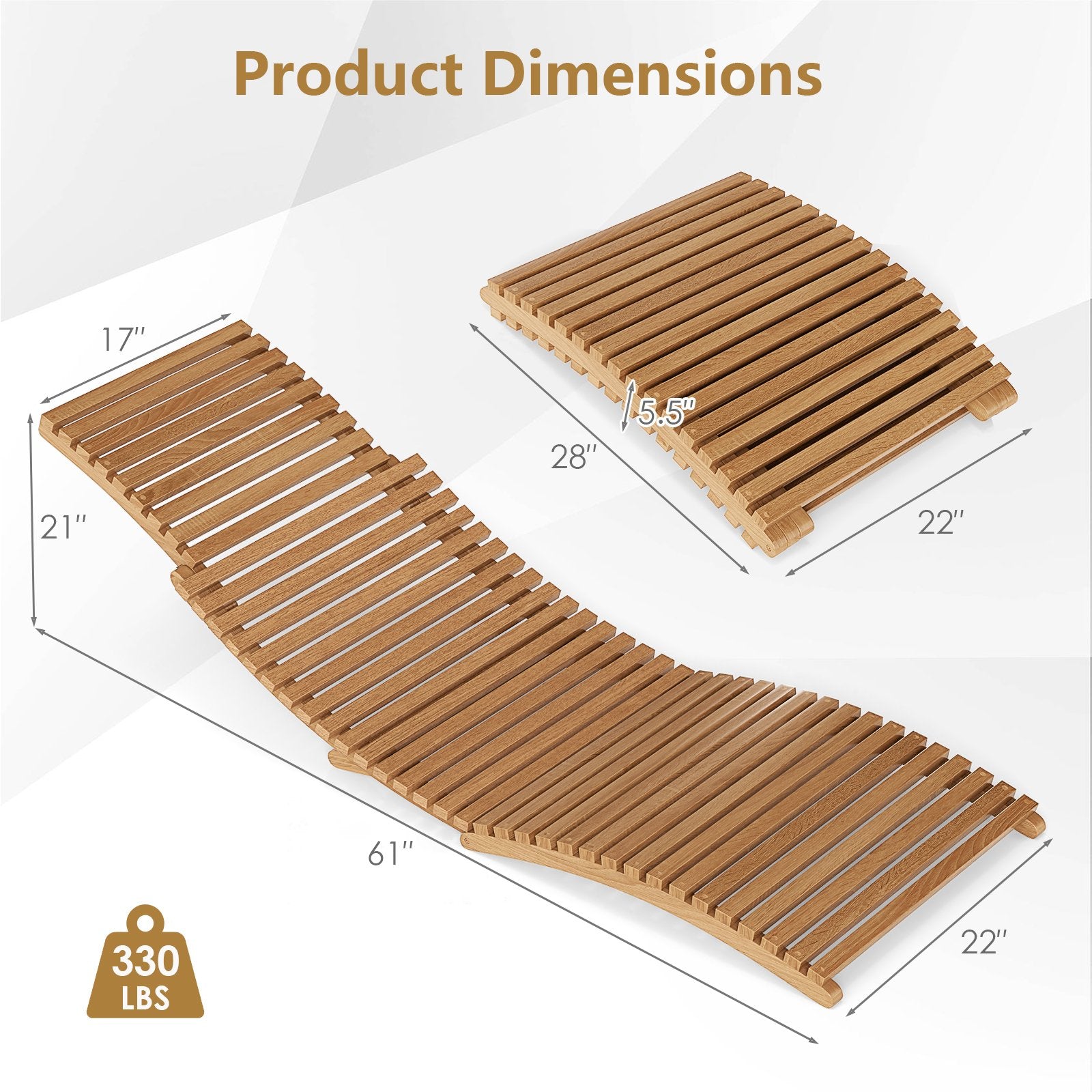 Teak Wood Patio Folding Chaise Lounge Chair with Slatted Seat-1 Outdoor Chaise Lounges at Gallery Canada