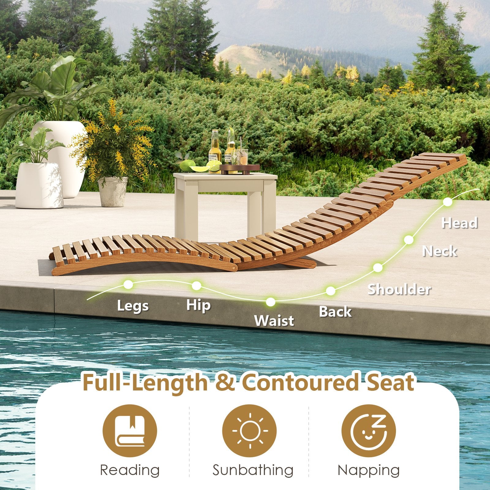 Teak Wood Patio Folding Chaise Lounge Chair with Slatted Seat-1 Outdoor Chaise Lounges at Gallery Canada