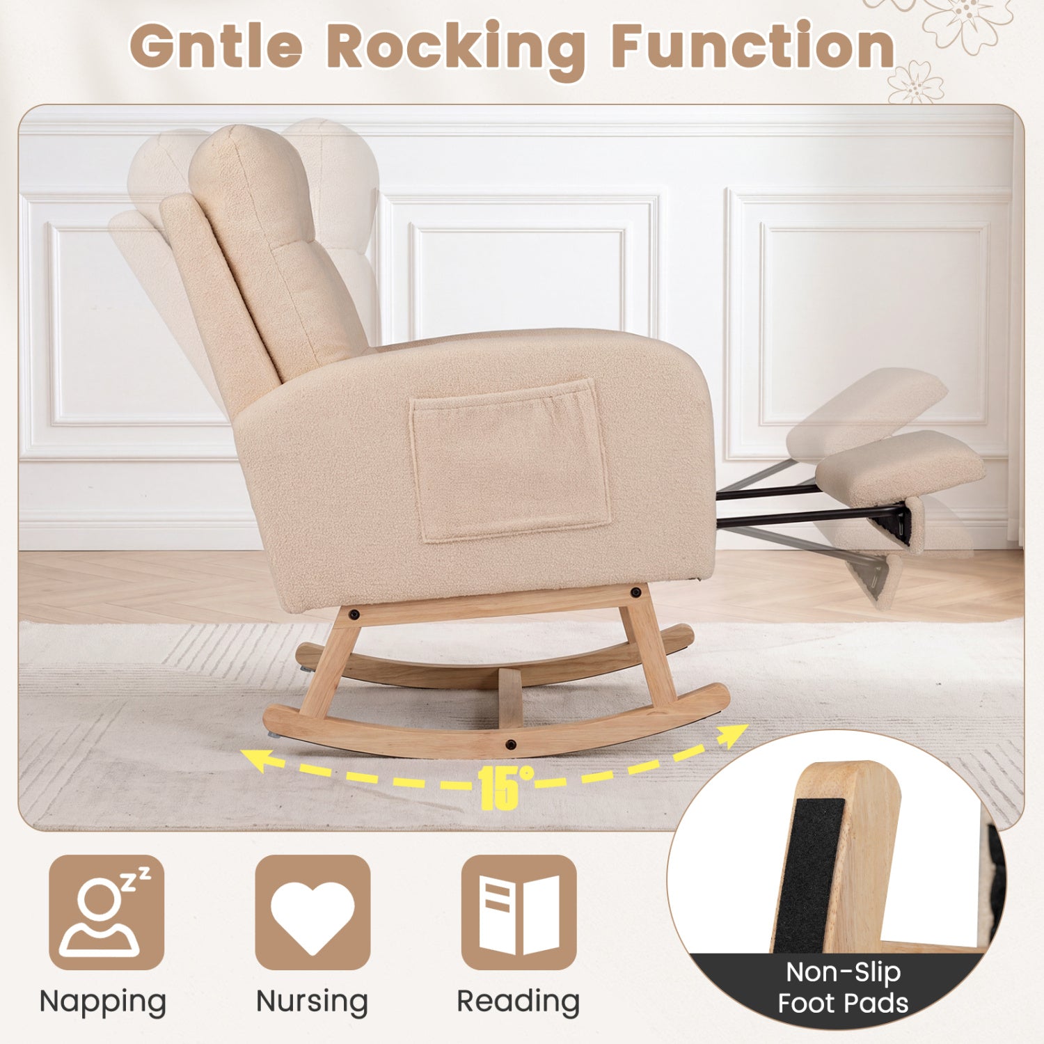 Teddy Upholstered Rocking Chair, Retractable Footrest, Beige Accent Chairs at Gallery Canada