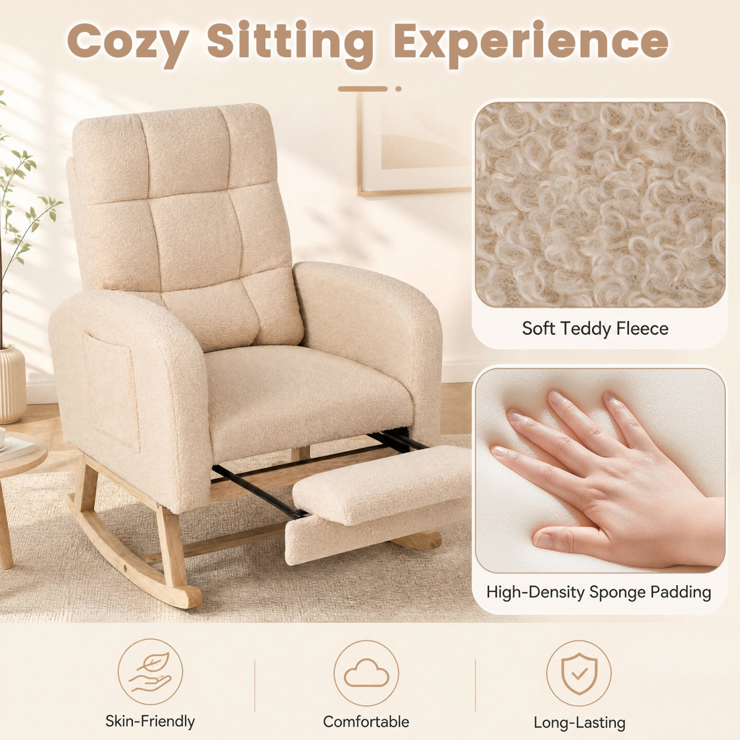 Teddy Upholstered Rocking Chair, Retractable Footrest, Beige Accent Chairs at Gallery Canada