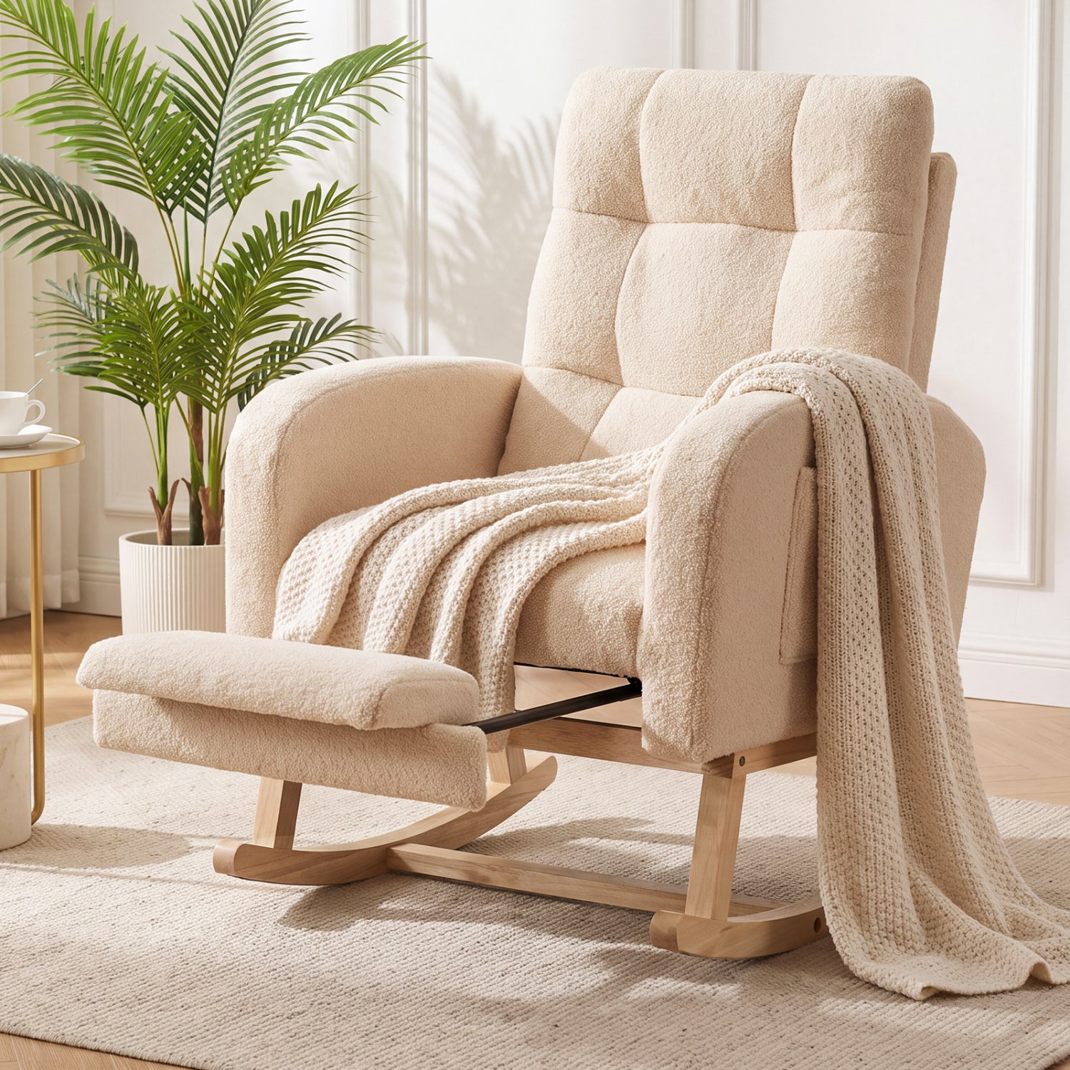 Teddy Upholstered Rocking Chair, Retractable Footrest, Beige Accent Chairs at Gallery Canada