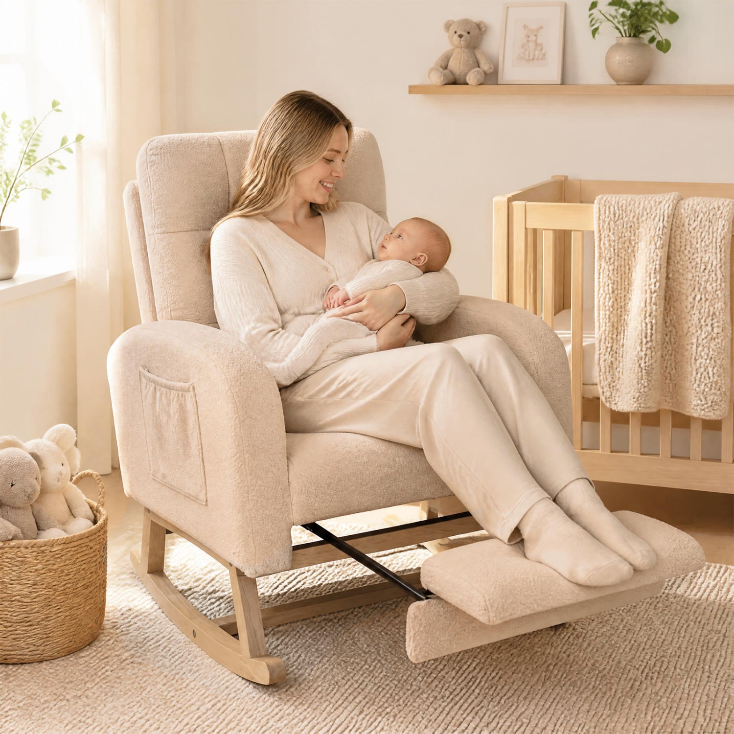 Teddy Upholstered Rocking Chair, Retractable Footrest, Beige Accent Chairs at Gallery Canada