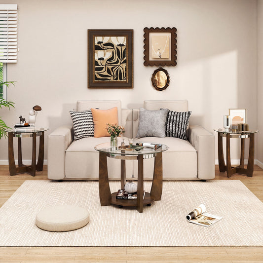 Tempered Glass Coffee Table Set, 3-Piece, Walnut Coffee Tables Walnut at Gallery Canada