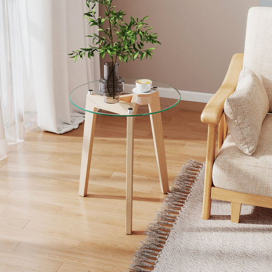 Round Tempered Glass End Table, Solid Rubber Wood Structure, Natural End & Side Tables Natural at Gallery Canada