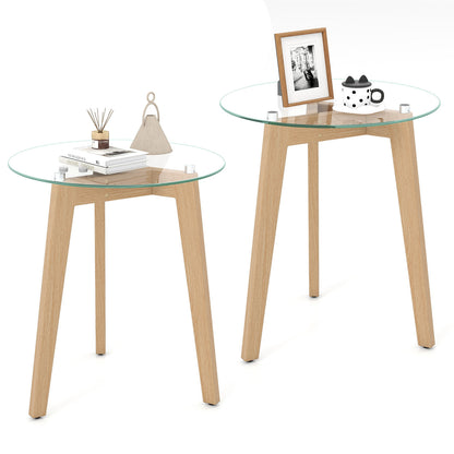 Round Tempered Glass End Table, Solid Rubber Wood, Set of 2, Natural End & Side Tables at Gallery Canada