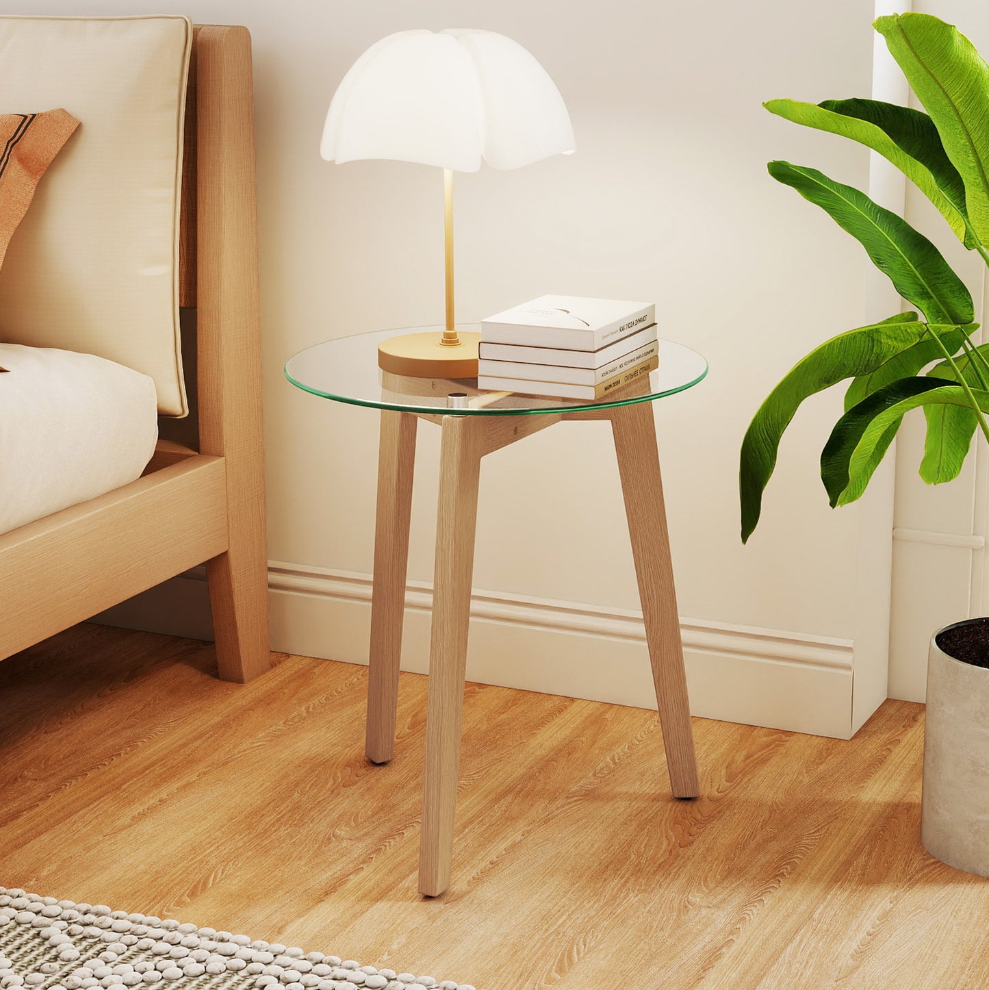 Round Tempered Glass End Table, Solid Rubber Wood, Set of 2, Natural End & Side Tables at Gallery Canada